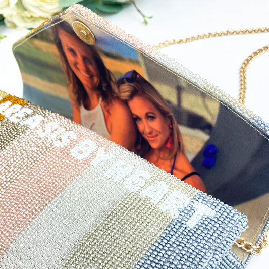 personalized beaded clutch purse with photo