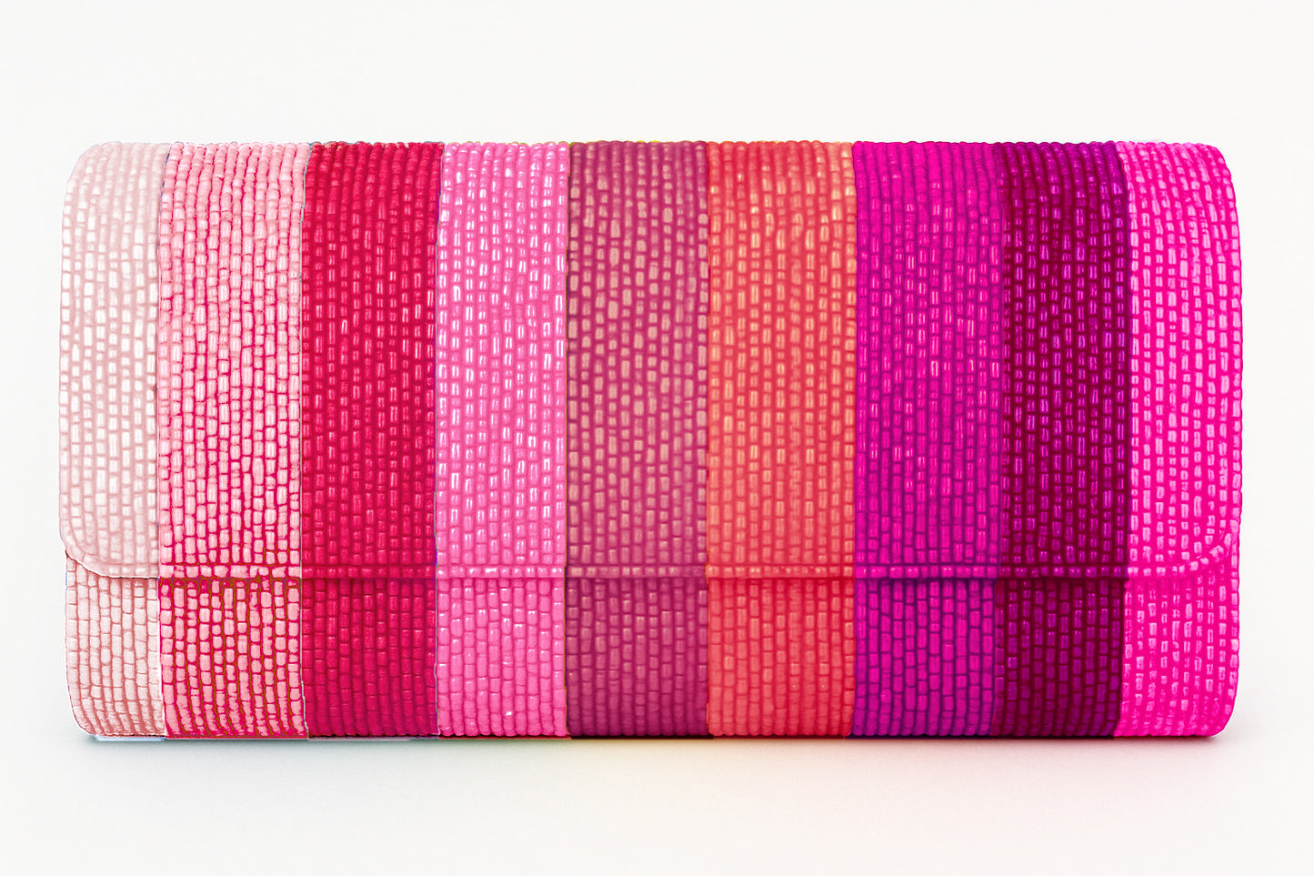 a pink and red striped purse on a white background