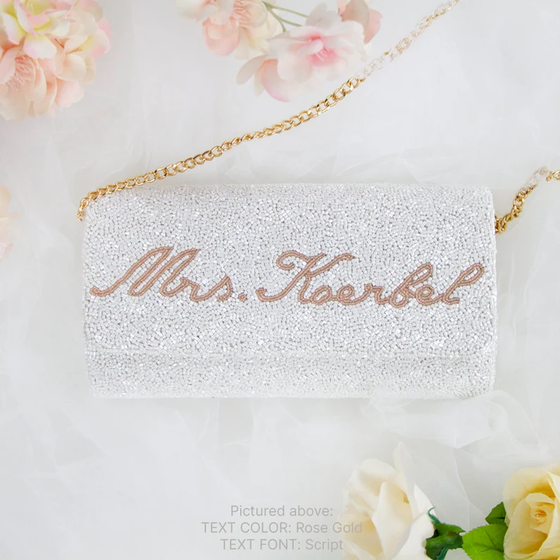 Personalized Rose Gold Hand Beaded Clutch Elegant Bridal Purse