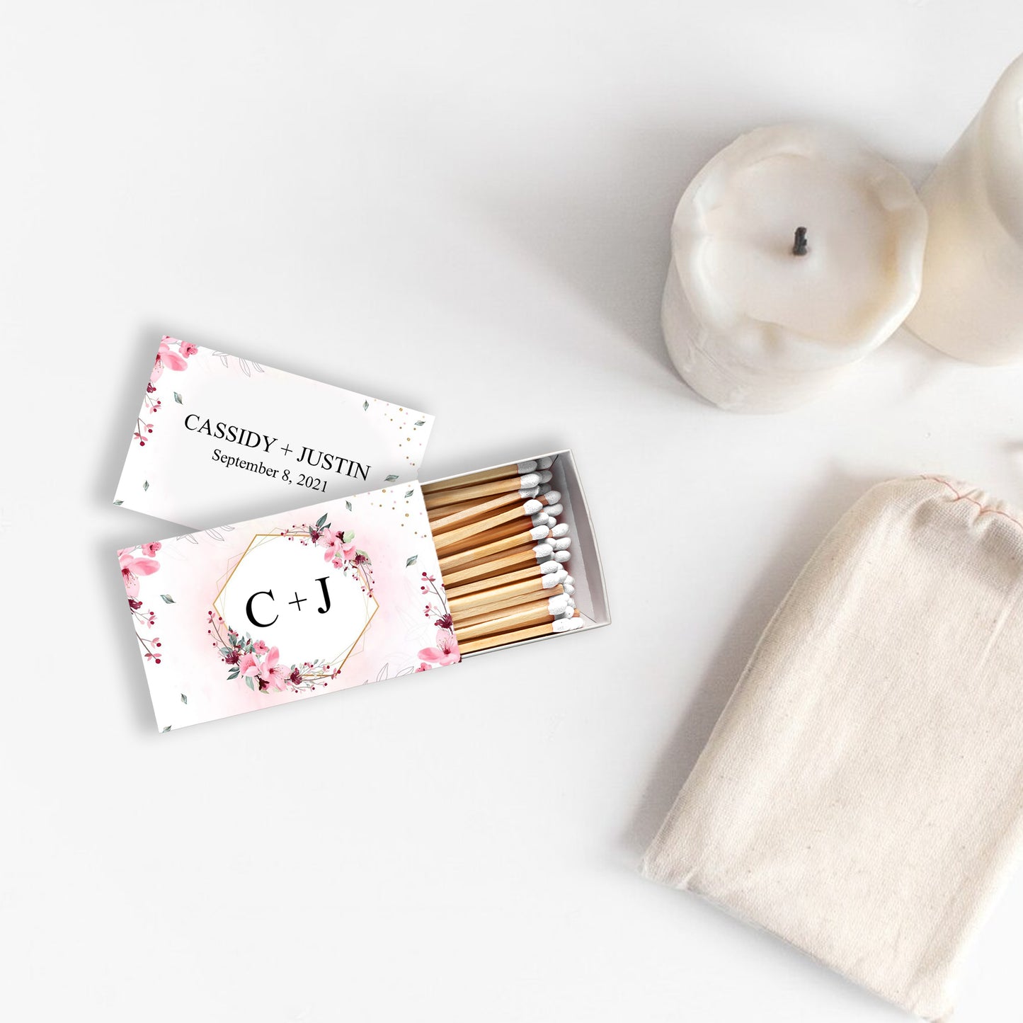 Pink Floral Personalized Wedding Matchbox