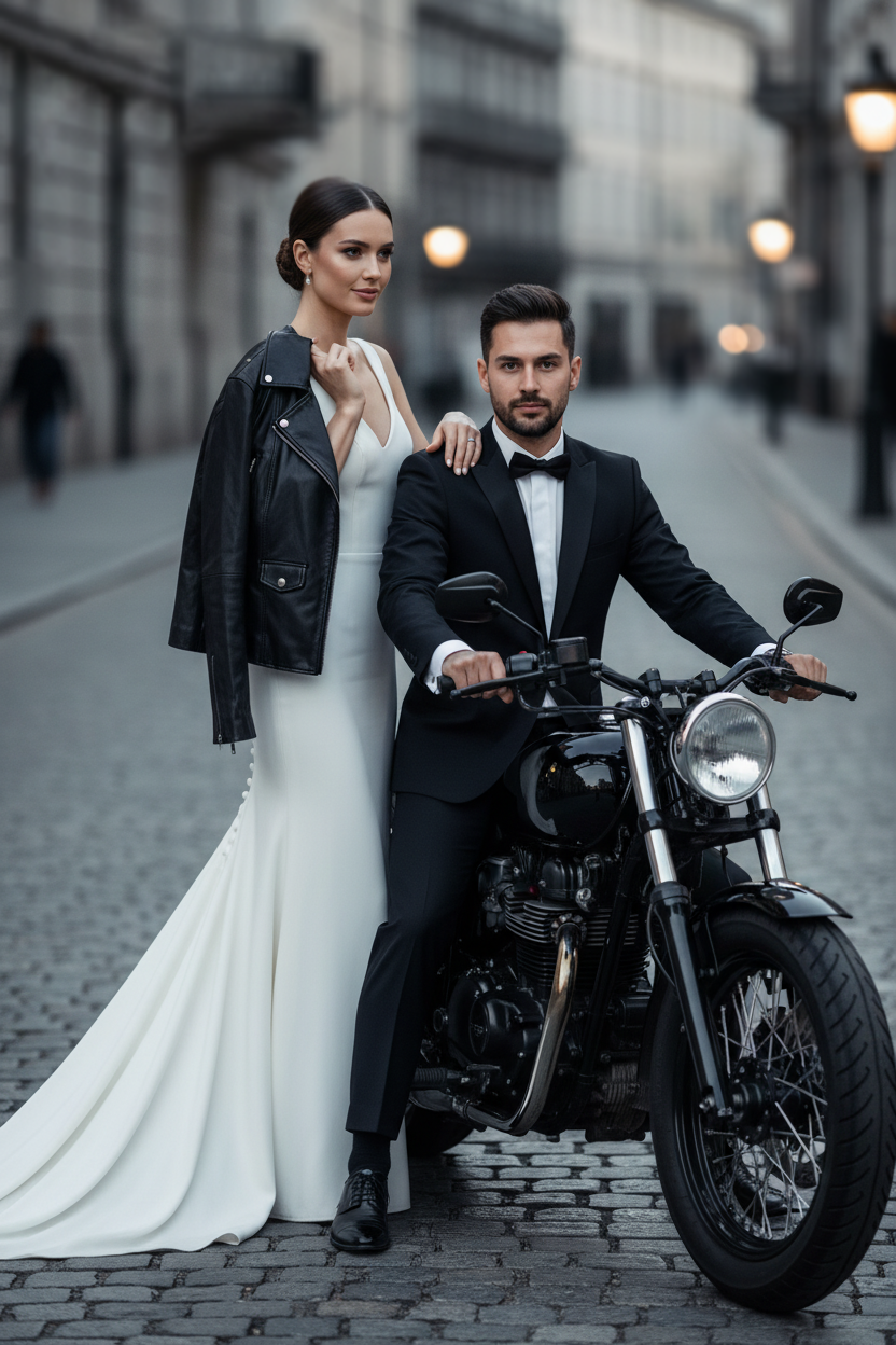 A man and a woman dressed in formal attire are posing together on a motorcycle in an urban setting.