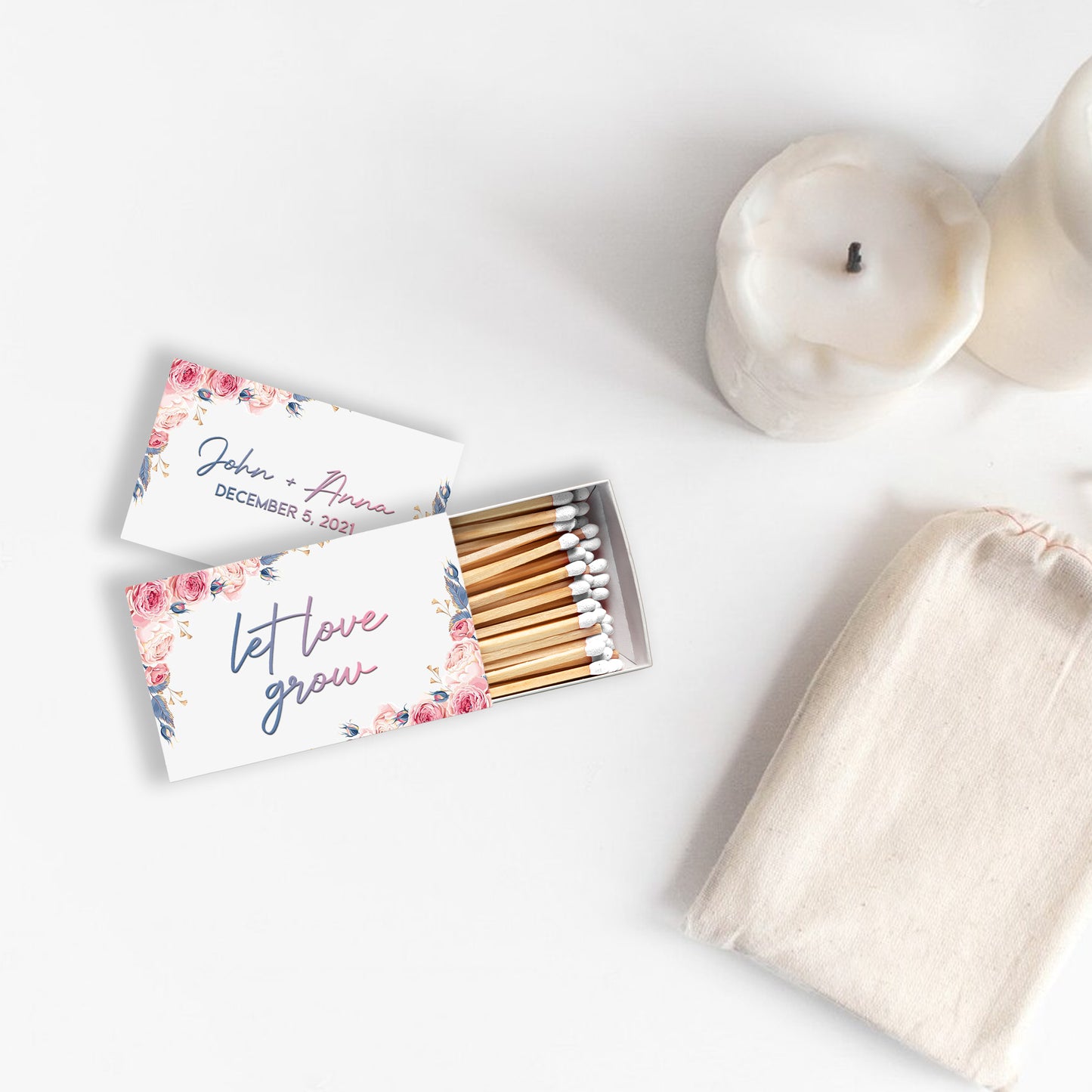 Let Love Grown Pink Floral Wedding Matchboxes