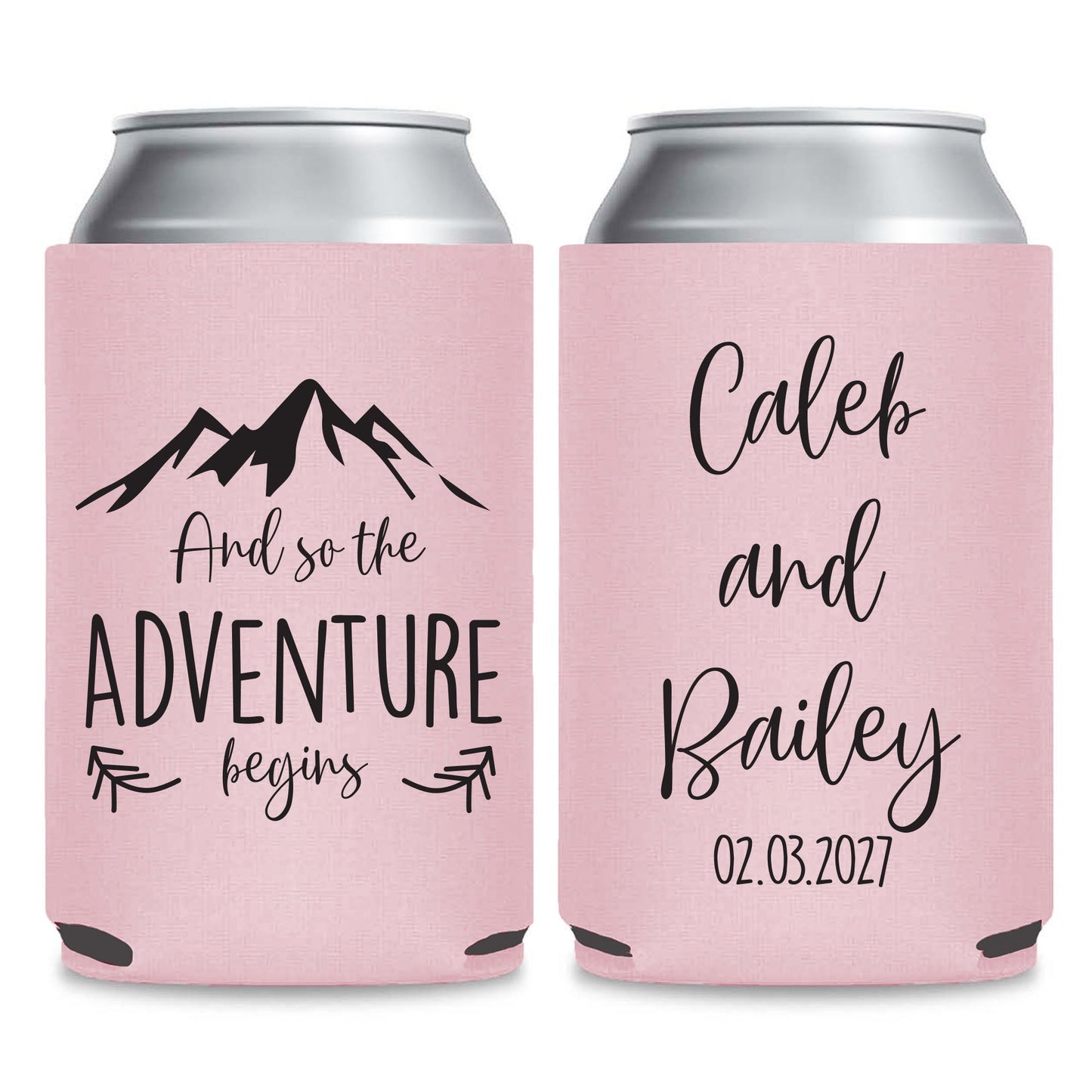 And The Adventure Begins Custom Wedding Can Cooler Favors (CS 381)