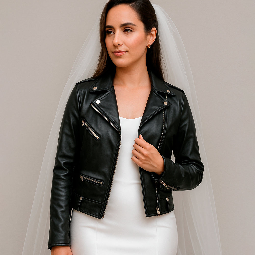 a woman in a white dress and a black leather jacket