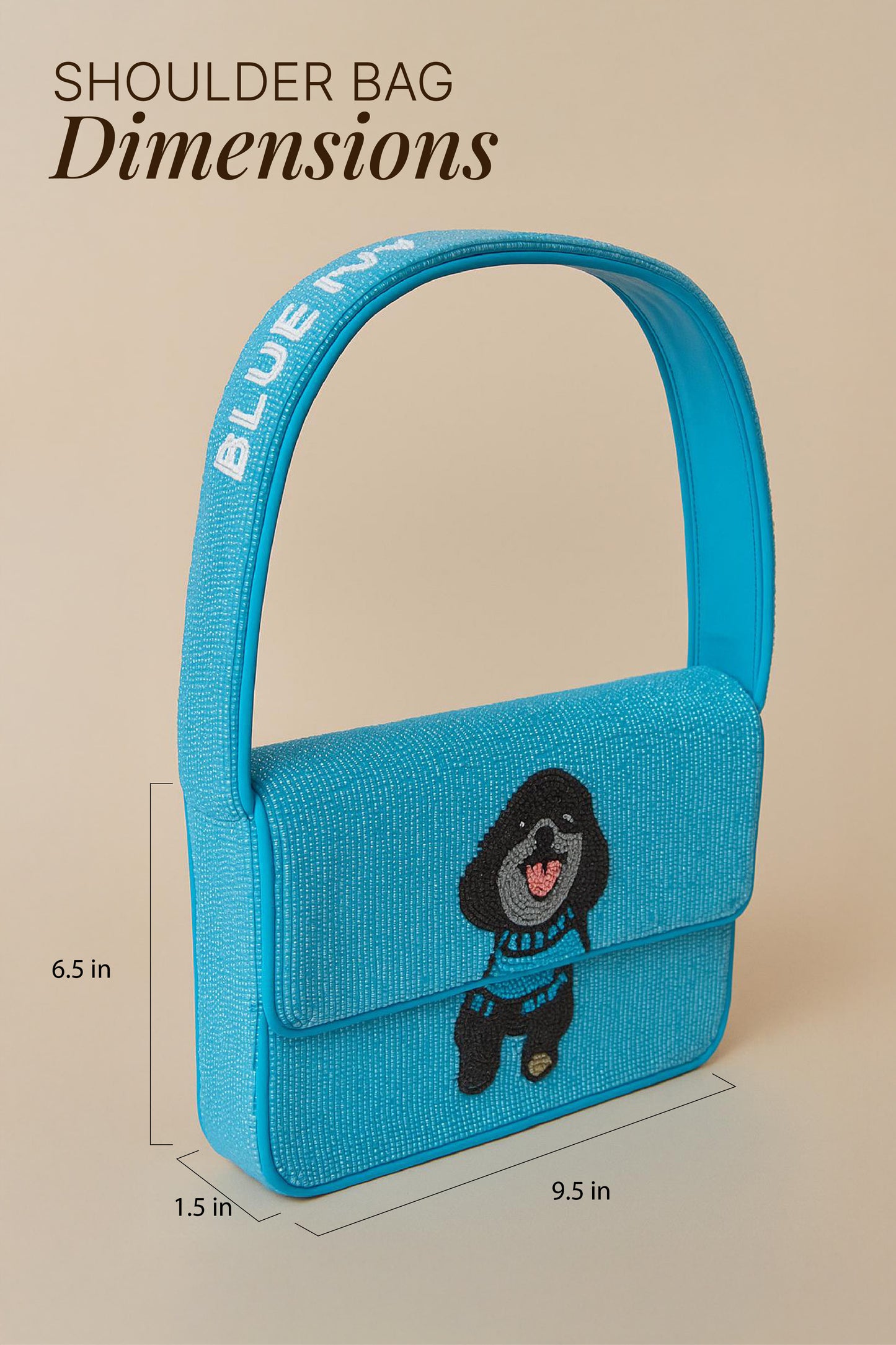 A blue shoulder bag with a dog design on it, along with dimensions and a text overlay.