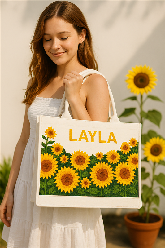 a woman holding a bag with a picture of sunflowers on it