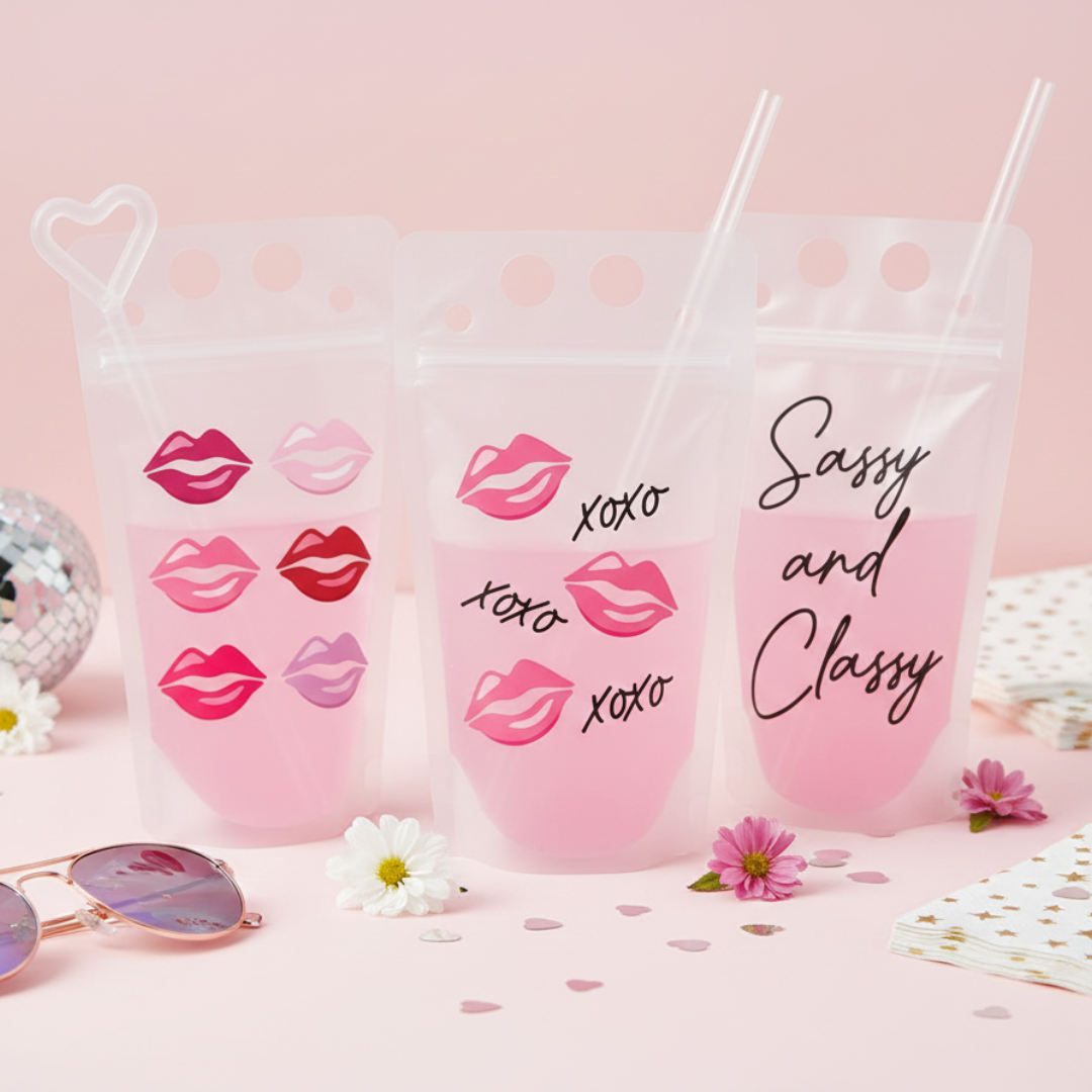 Three pink drink pouch holders with pink lips and the text "xoxo xoxo xoxo" printed on them, along with a pair of sunglasses and some pink flowers.