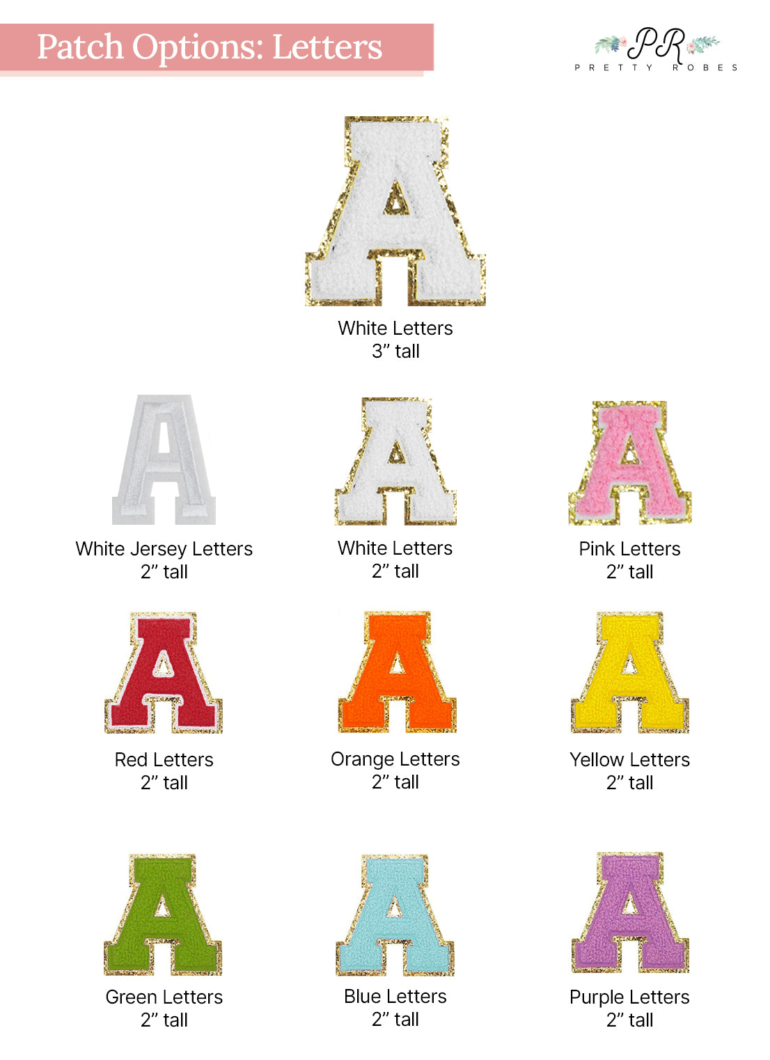 various colored letters, including white, white jersey, pink, red, orange, yellow, green, blue, and purple letters, all in different sizes and tallness.