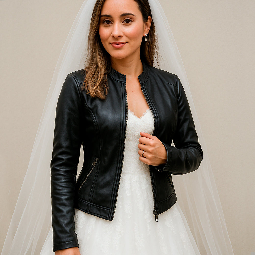 a woman in a white dress and a black leather jacket