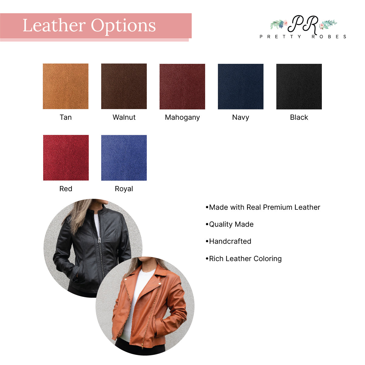 a women's leather jacket with different colors