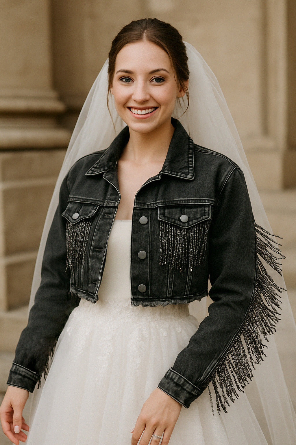 a woman in a wedding dress and a denim jacket
