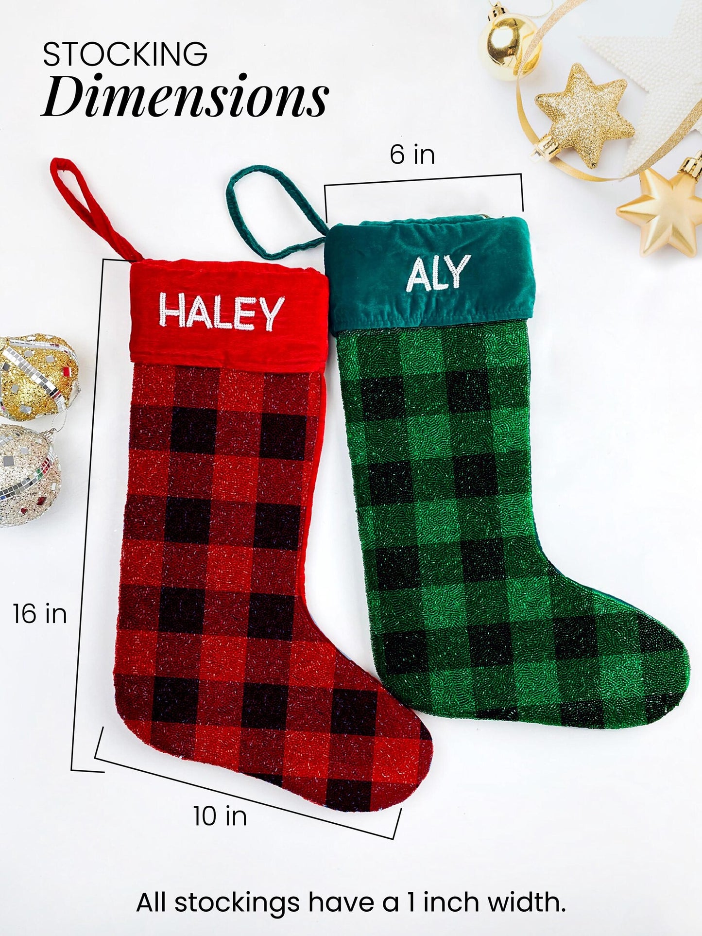 two personalized Christmas stockings, one red and one green, with the names "Haley" and "Aly" respectively, placed on a white background. The stockings are labeled with their respective names and dimensions, indicating that they are 6 inches wide and 10 inches long.