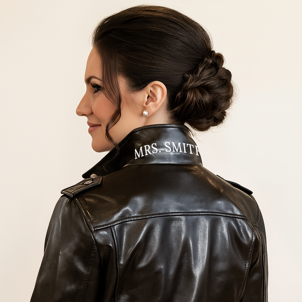 A woman with her hair in a bun wearing a black leather jacket with the name "Mrs. Smith" printed on it.