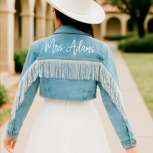 (Blue Fringe) Custom Mrs. Last Name Denim Jacket