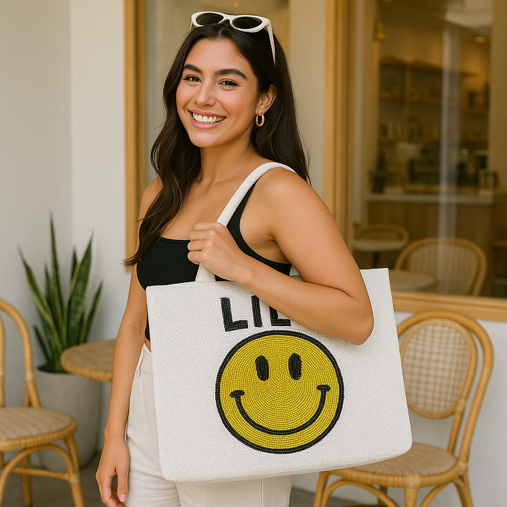 Custom Beaded Smiley Tote Bag