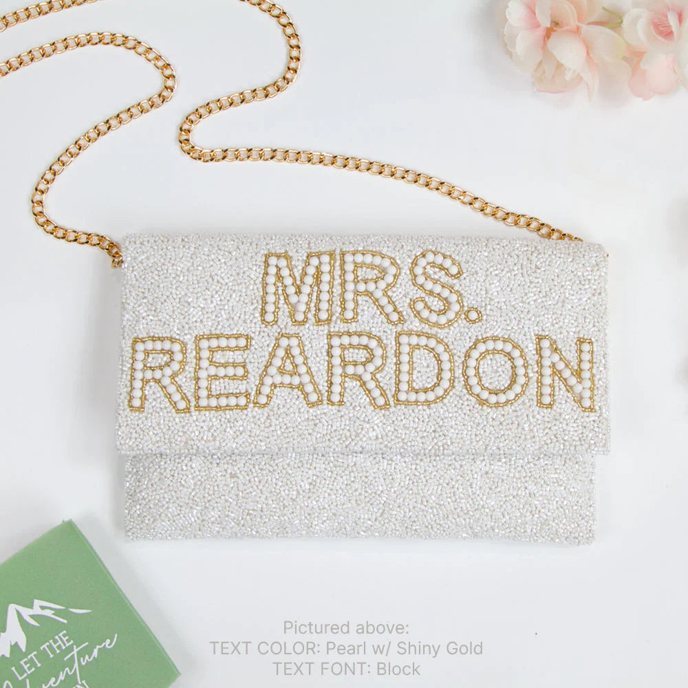 Pearl MRS. Last Name Beaded Bridal Clutch