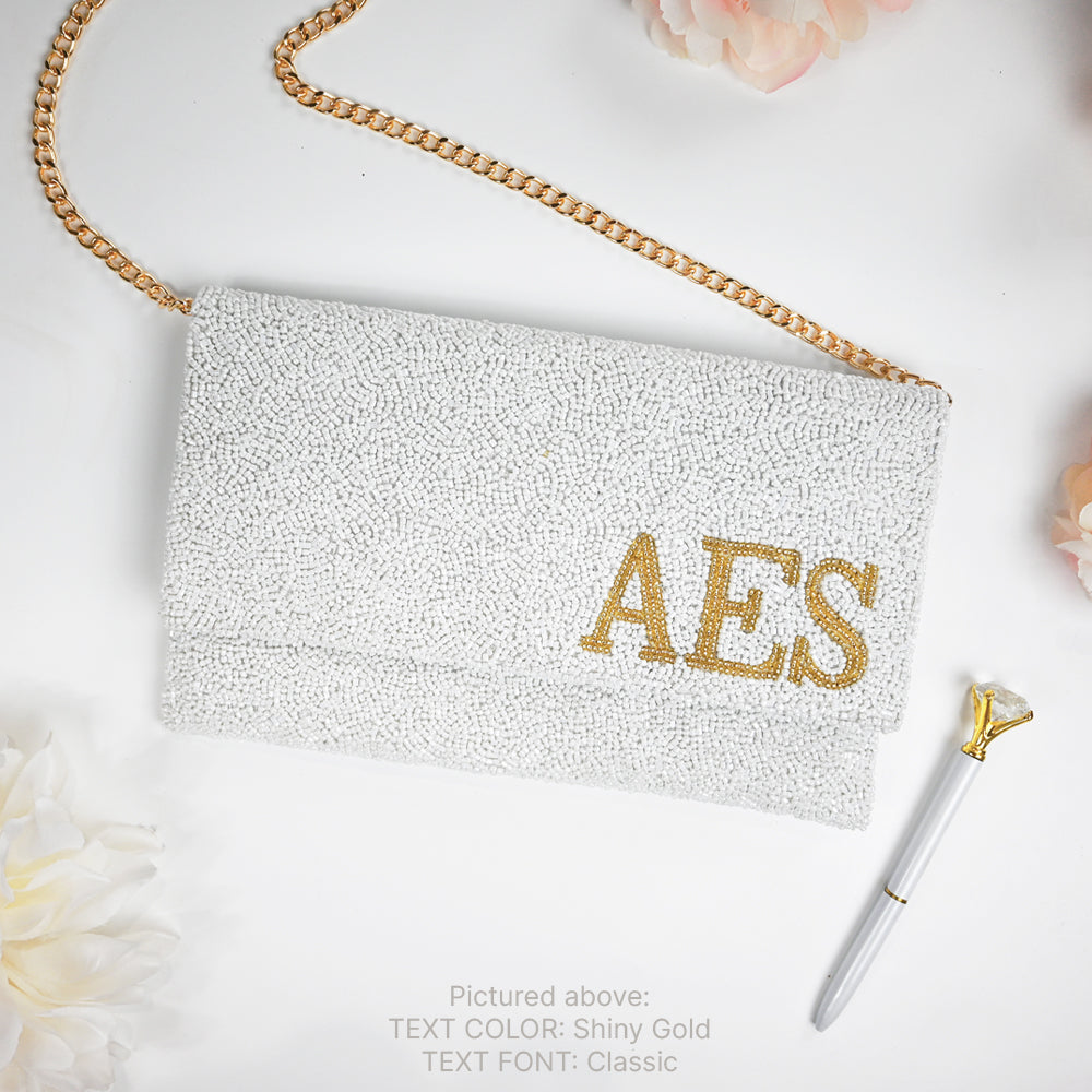 Handmade Personalized Monogram Bridal Clutch Bag (LHFC) with intricate beading and velvet interior, perfect for wedding essentials