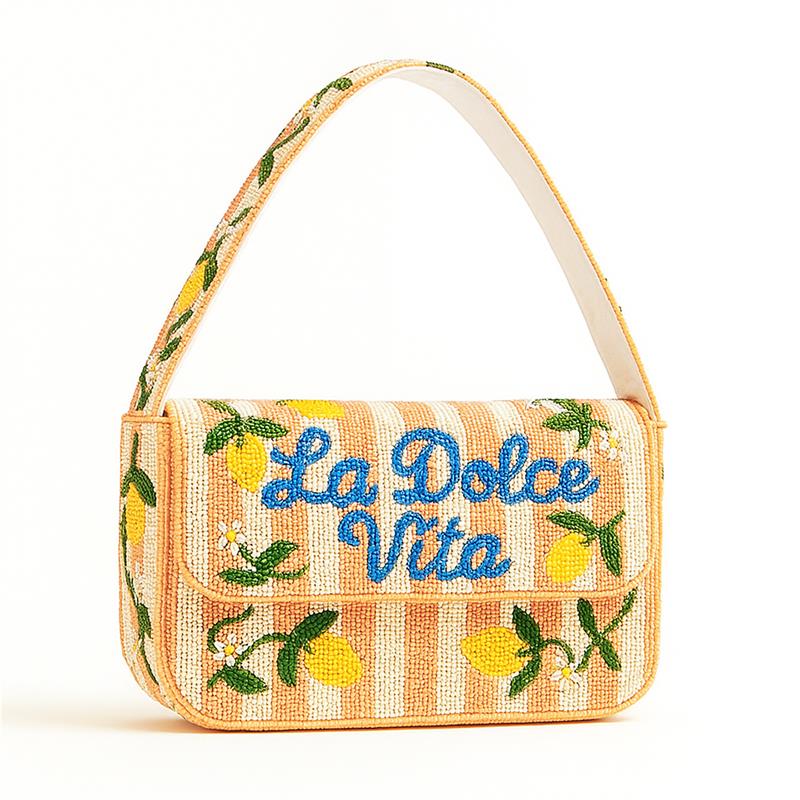 Pink "La Dolce Vita" Striped Lemon Beaded Purse