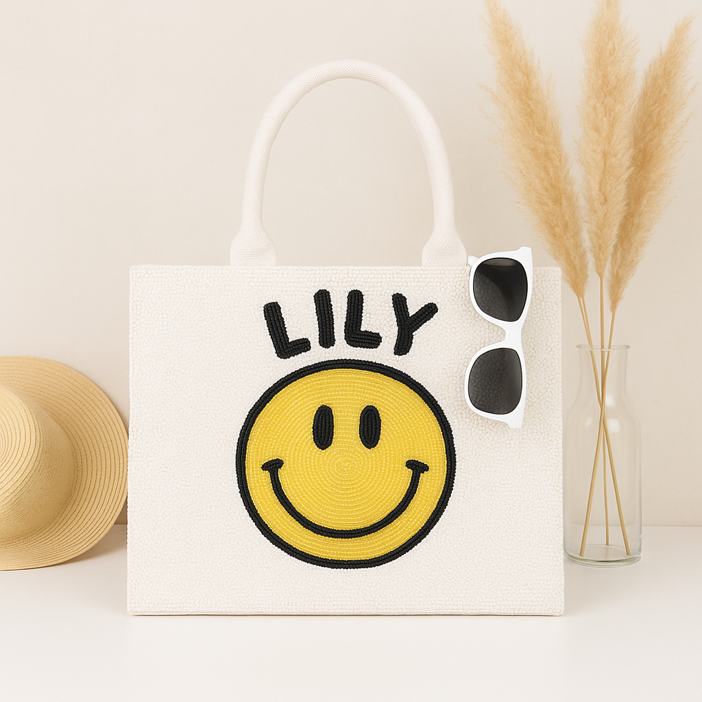Custom Beaded Smiley Tote Bag