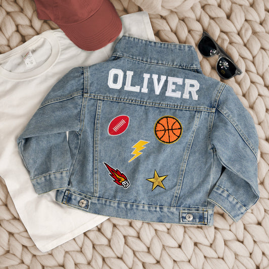 (Blue) Custom Letter Patch Kids Denim Jacket