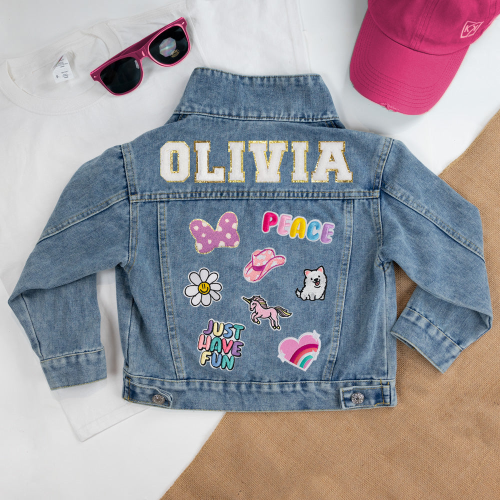 (Blue) Custom Letter Patch Kids Denim Jacket