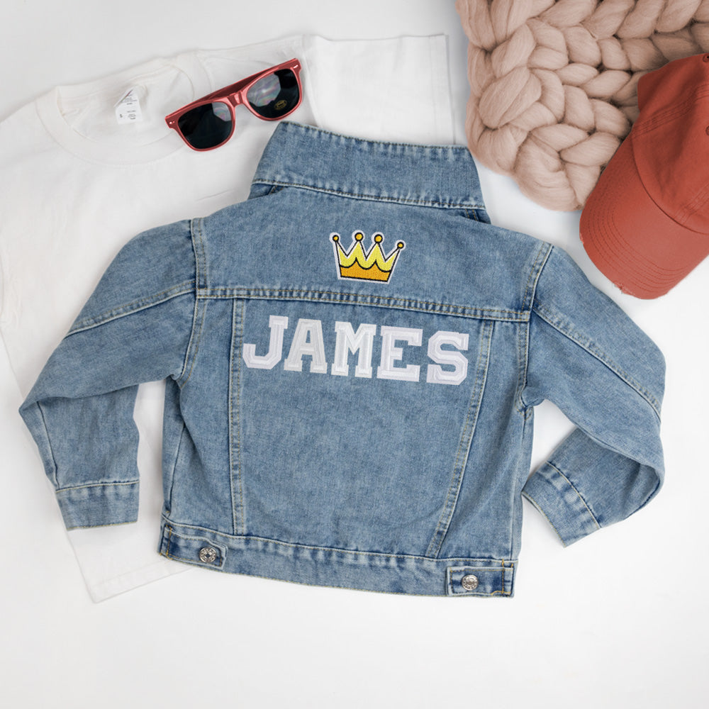 (Blue) Custom Crown Patch Denim Jacket for Kids
