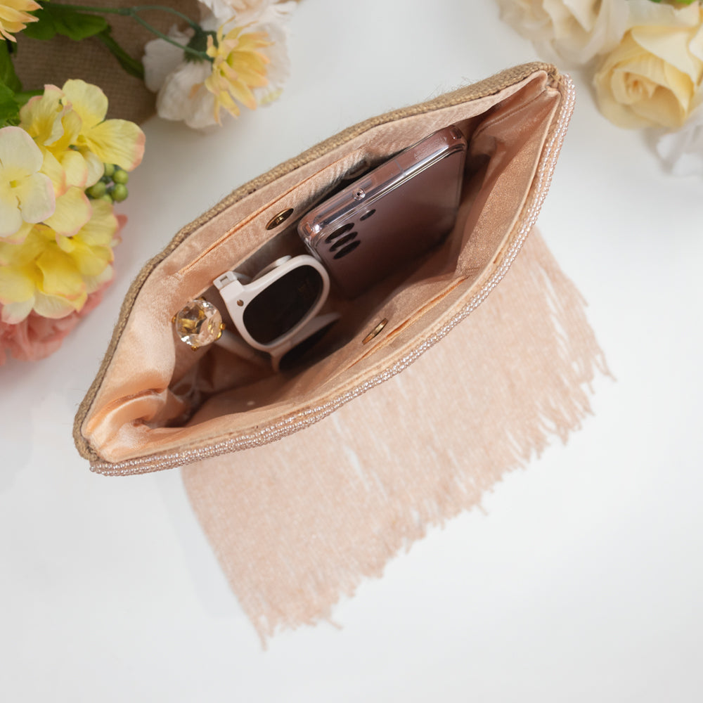 Handcrafted Custom Bridal Fringe Purse with intricate beading pattern, ideal for weddings, birthdays, and special occasions. Each unique clutch is a testament to artisanal craftsmanship, ensuring a one-of-a-kind accessory
