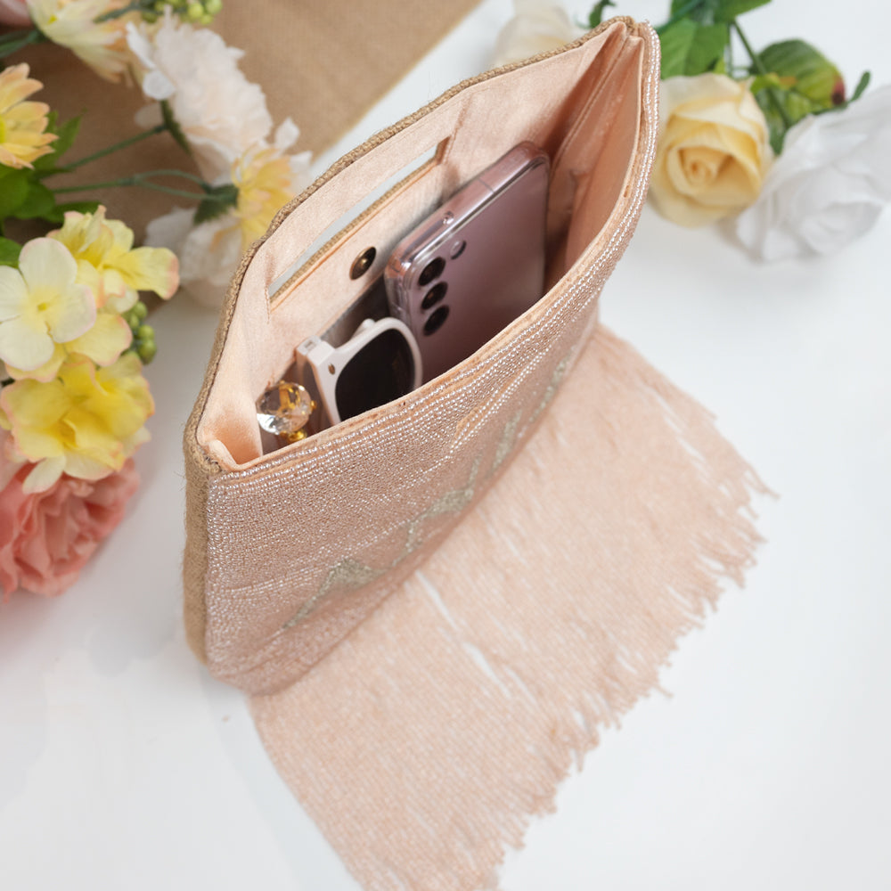 Handcrafted Custom Bridal Fringe Purse with intricate beading pattern, ideal for weddings, birthdays, and special occasions. Each unique clutch is a testament to artisanal craftsmanship, ensuring a one-of-a-kind accessory