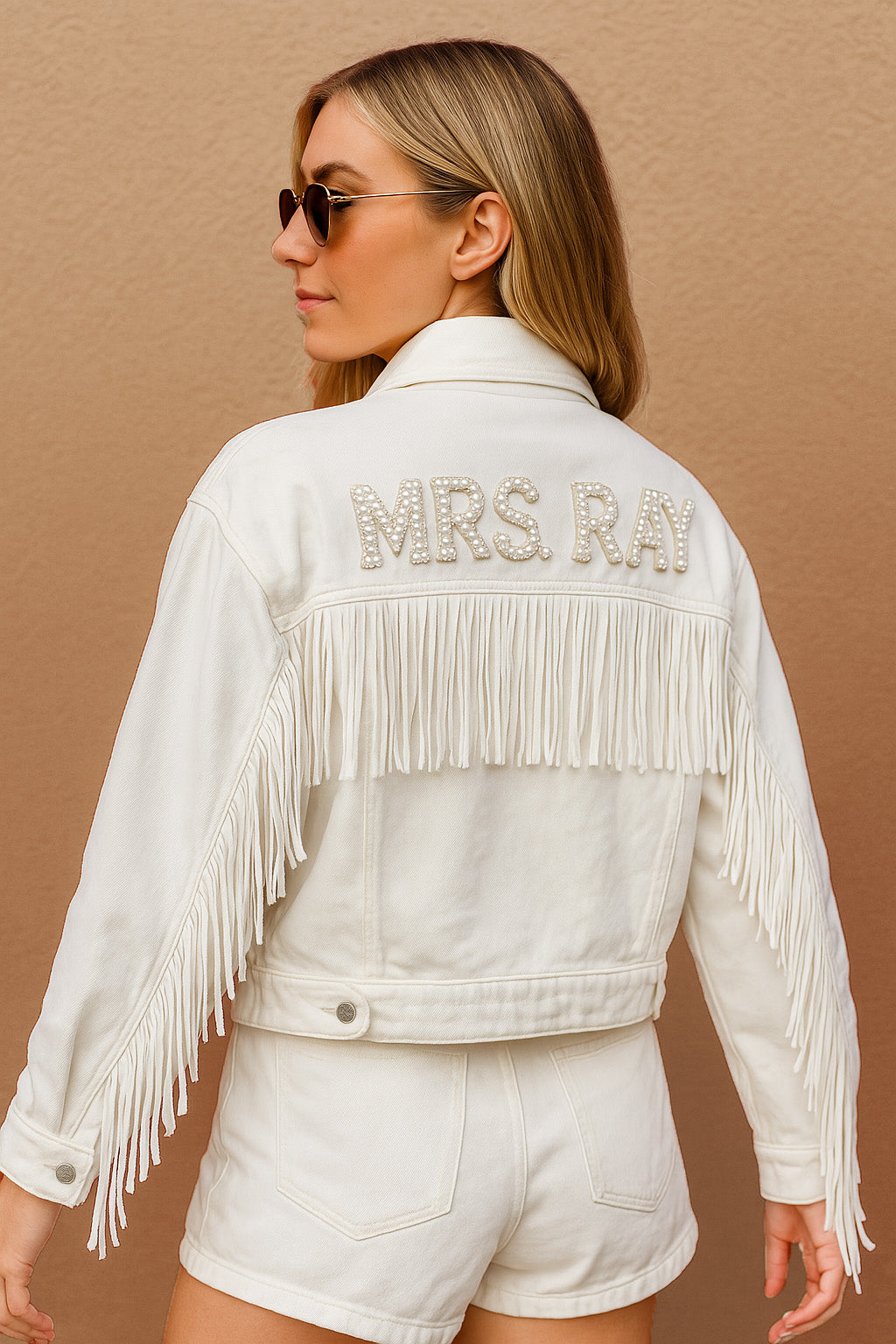 (White Fringe) Bride Patch White Fringe Denim Jacket