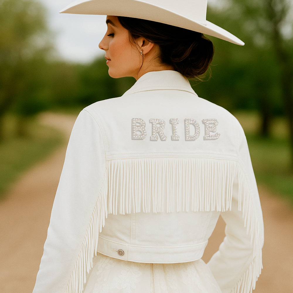 (White Fringe) Bride Patch White Fringe Denim Jacket