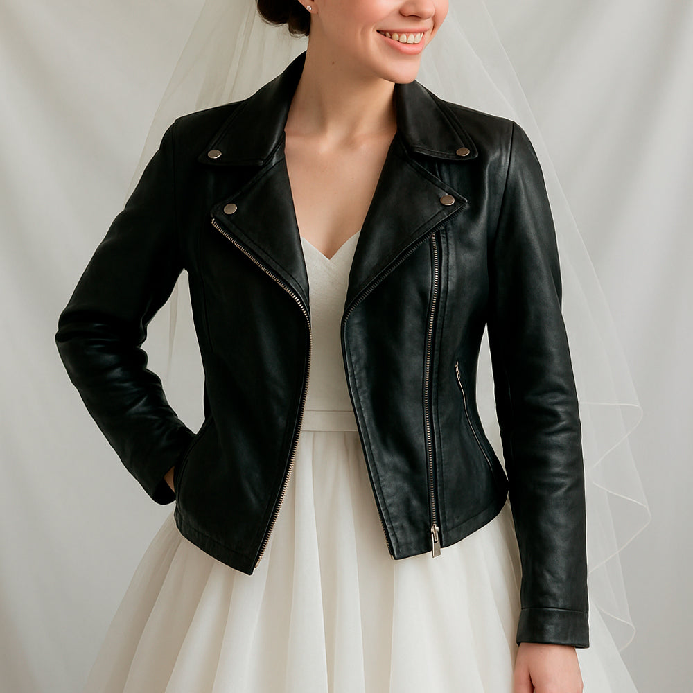 a woman in a white dress and a black leather jacket
