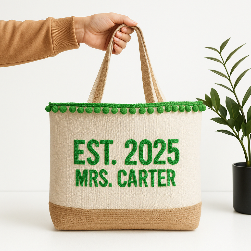 A hand holding a beige tote bag with green text and decorative green pom-poms on the edge, placed next to a potted plant.