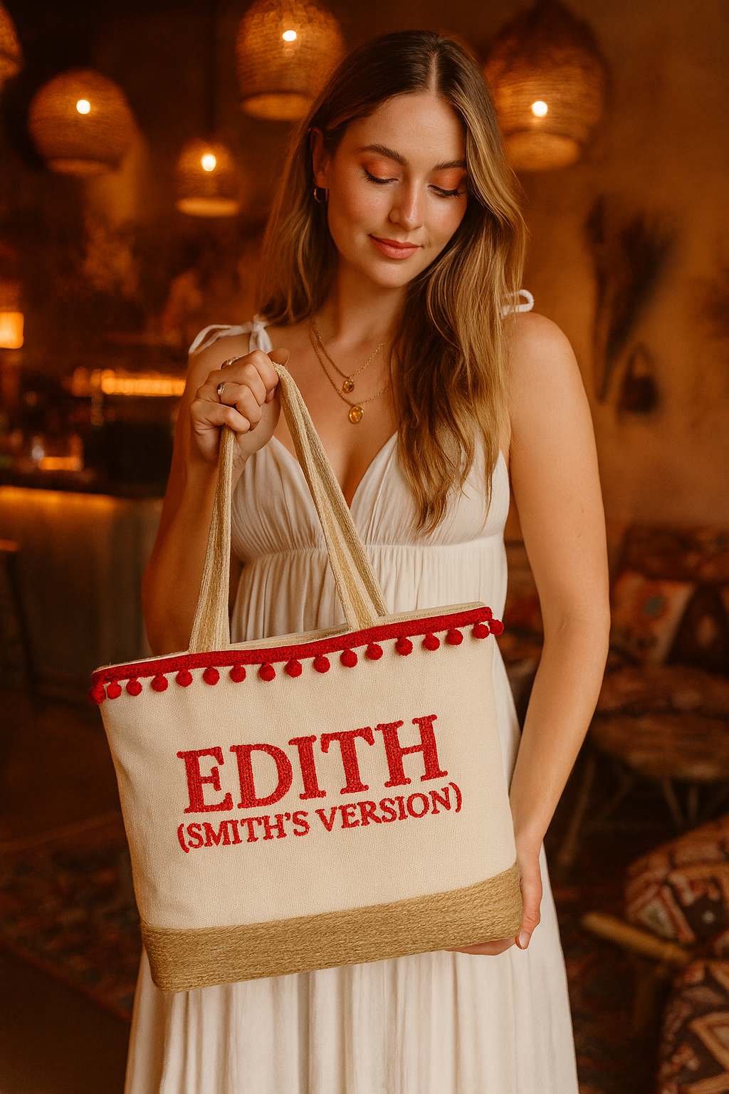 A woman in a white dress holding a beige tote bag with red trim and text on it.
