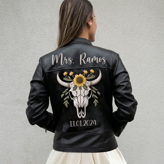 (Real Leather) Embroidered Bachelorette Leather Jacket for Brides