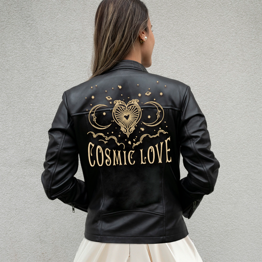 (Real Leather) Embroidered Cosmic Love Leather Jacket