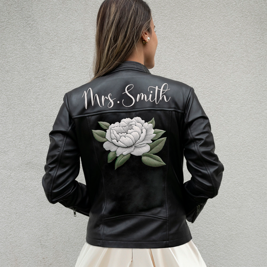 (Real Leather) Embroidered Rose Leather Jacket