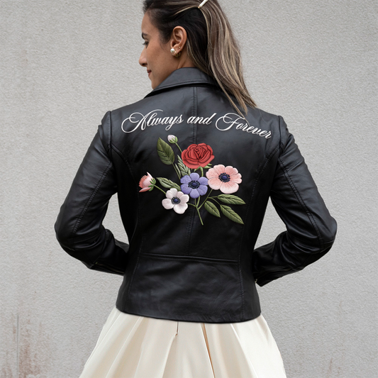 (Real Leather) Embroidered Floral Leather Jacket