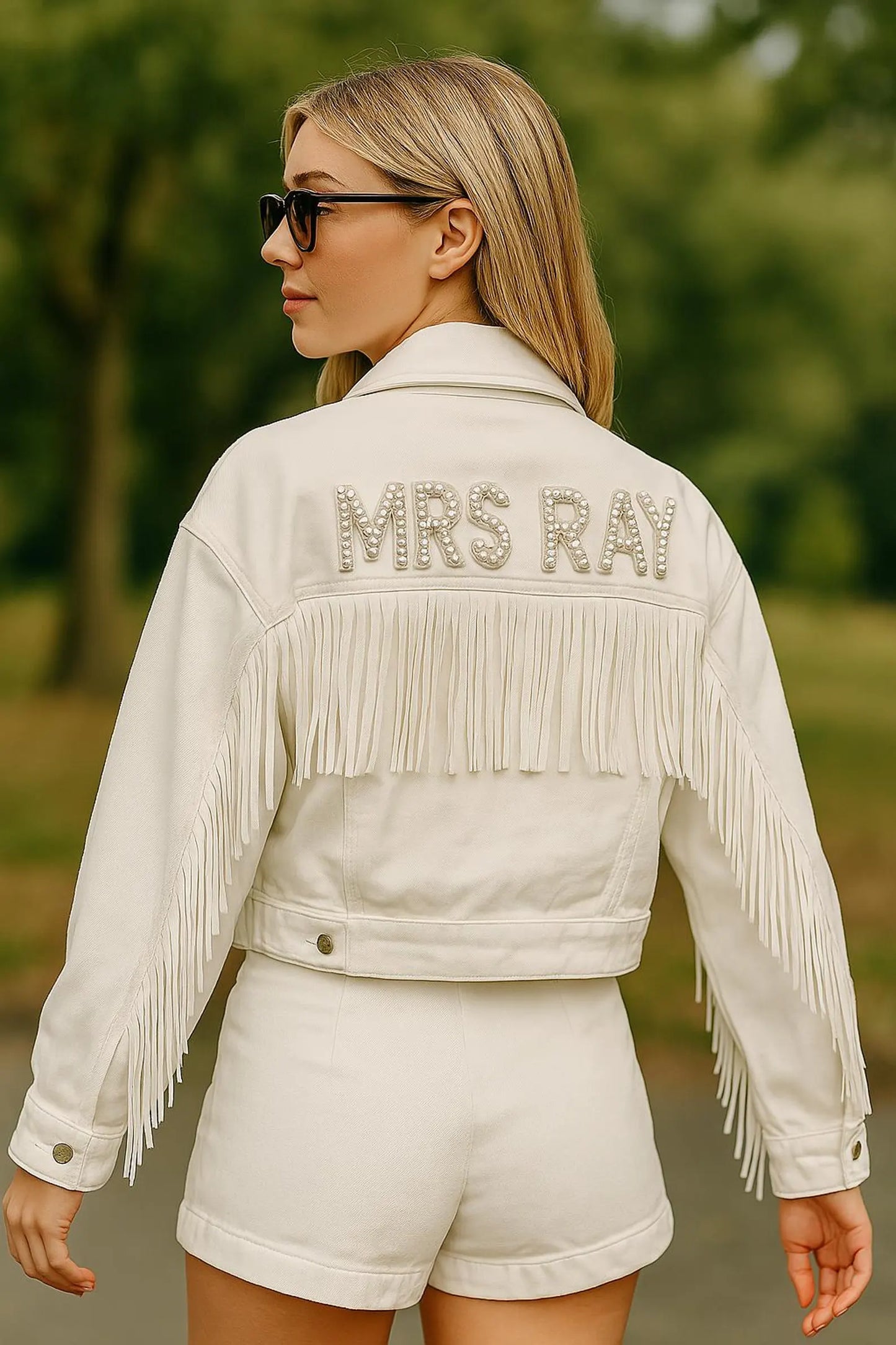 (White Fringe) Bride Patch White Fringe Denim Jacket