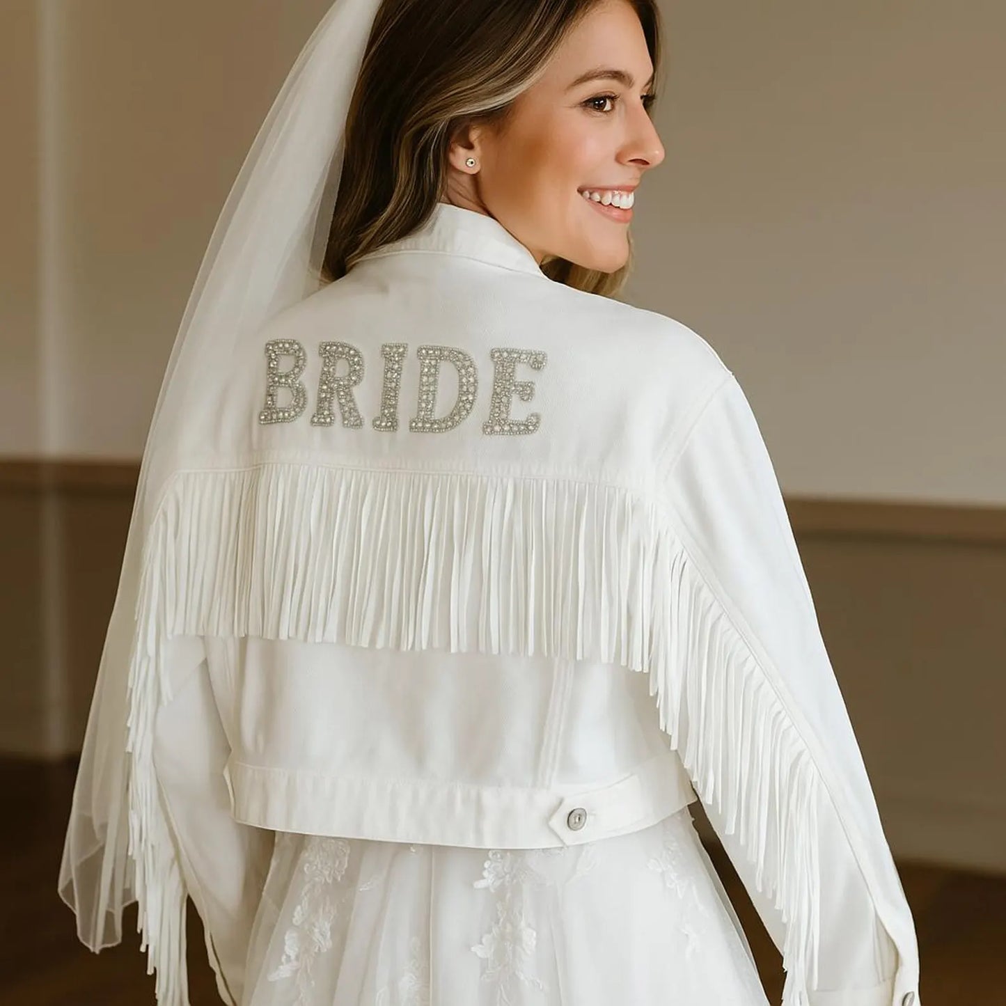 (White Fringe) Bride Patch White Fringe Denim Jacket