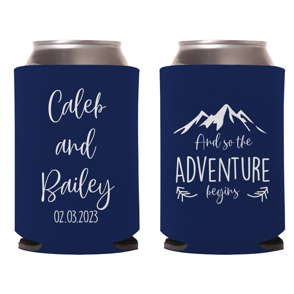 And The Adventure Begins Custom Wedding Can Cooler Favors (CS 381)