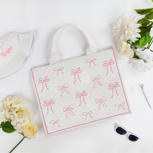 Pink Bows Beaded Tote Bag
