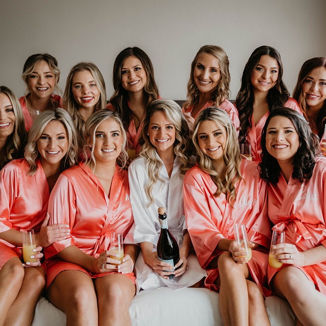 Coral Satin Kimono Wedding Robes