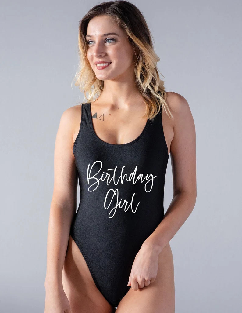 Cursive Birthday Girl One Piece Swimsuit