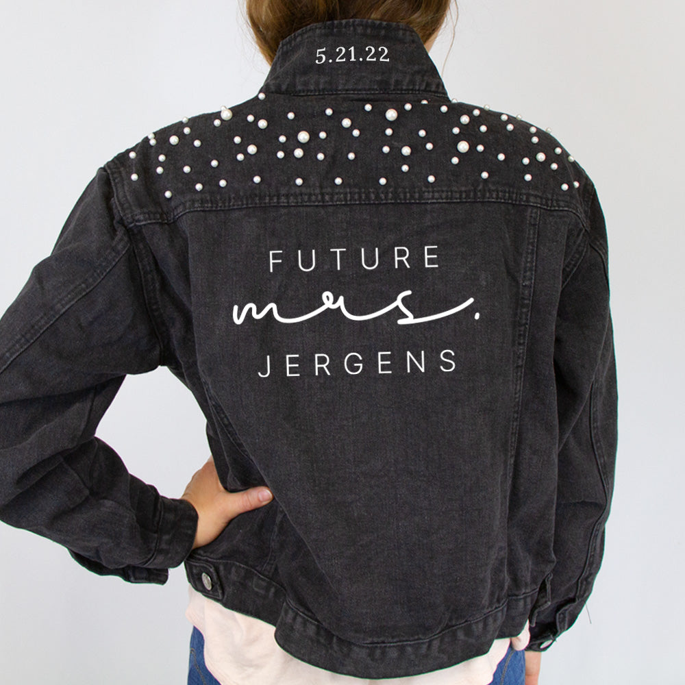 (Black) Personalized Future Mrs. Jergens Black Pearl Denim Jacket