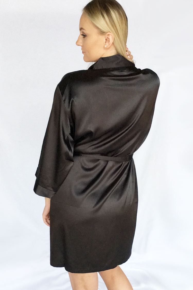 Black Satin Kimono Bridal Robe Back - Bridesmaid Robe - Affordable Robe - Wedding Gift - Bridal Gift - Bridesmaid Gift - Satin Robe - Kimono Robe – PrettyRobes