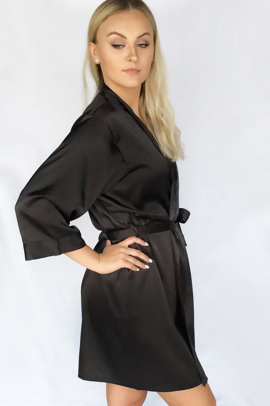 Black Satin Kimono Bridal Robe Side - Bridesmaid Robe - Affordable Robe - Wedding Gift - Bridal Gift - Bridesmaid Gift - Satin Robe - Kimono Robe – PrettyRobes