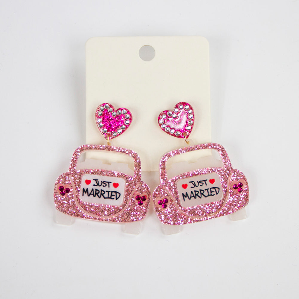 Just Married Pink Bridal Car Beaded Earrings