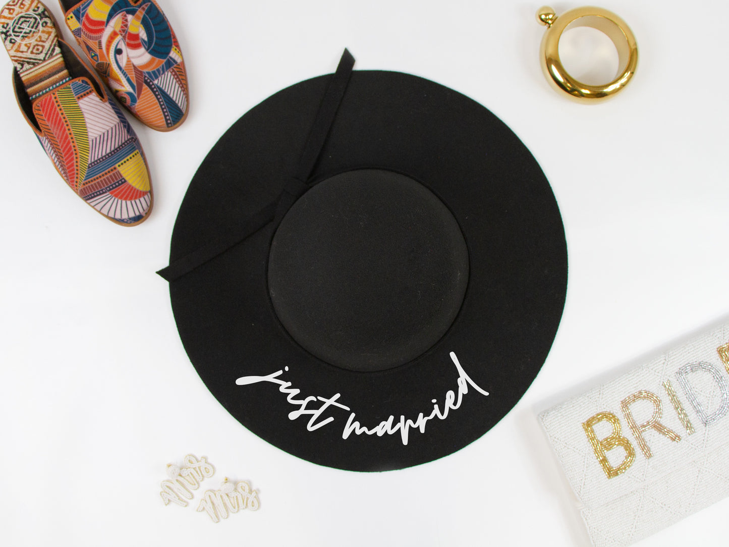 Just Married Black Felt Floppy Hat
