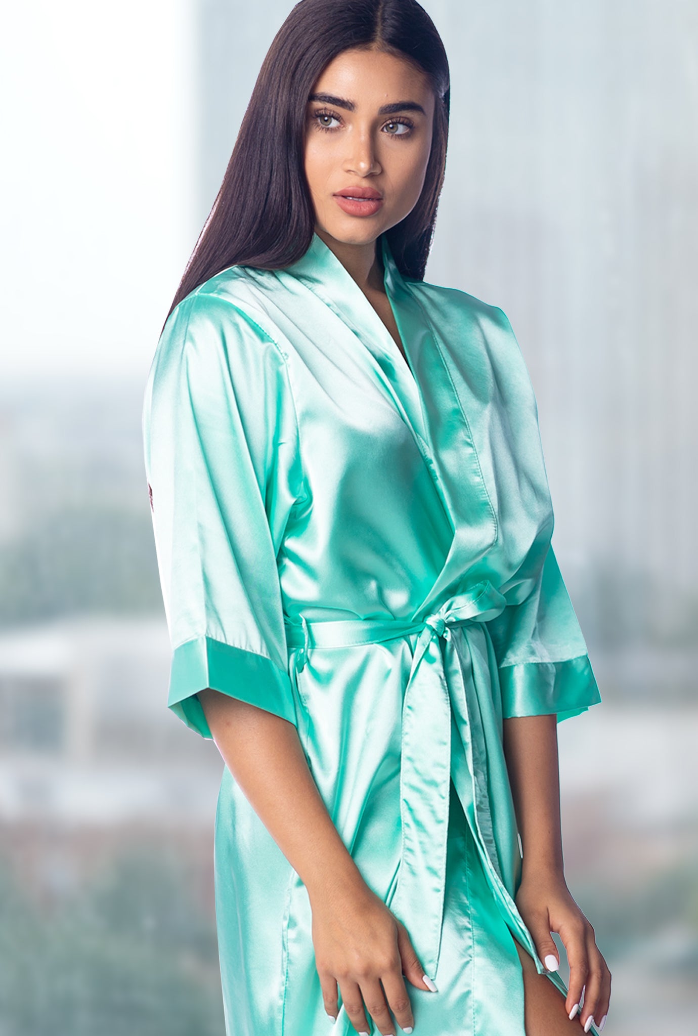 Mint Satin Kimono Robe image
