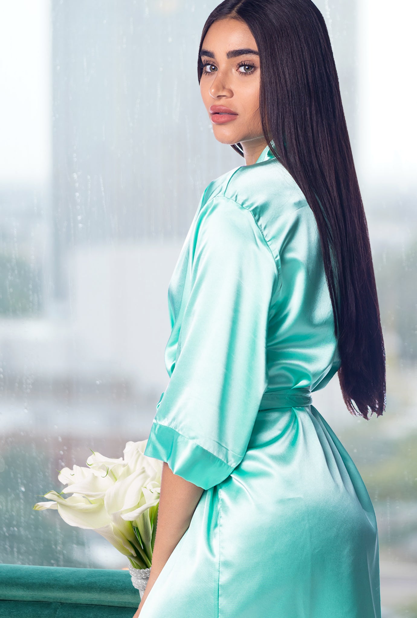 Mint Satin Kimono Robe Sideview